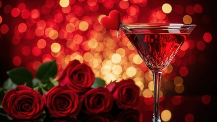 Romantic martini with heart garnish and red roses on bokeh background