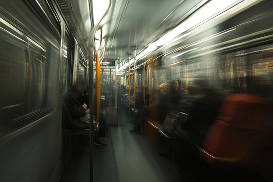 Dynamic train interior with passengers, artistic blur capturing urban travel and motion. This abstract scene conveys speed and the bustling atmosphere of city commutes.