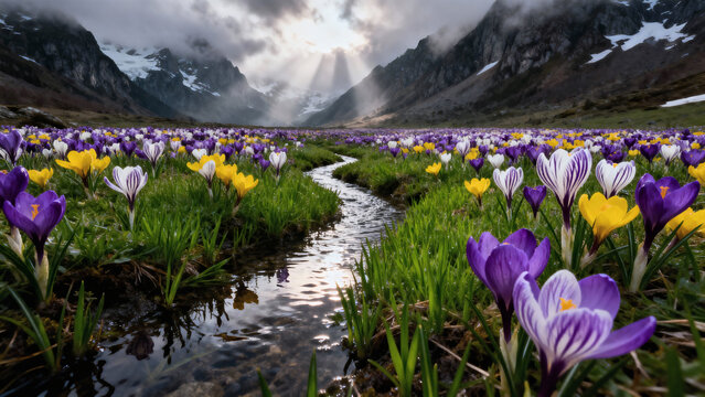 Majestic mountain landscape with a river and a massive field of blooming colorful crocuses