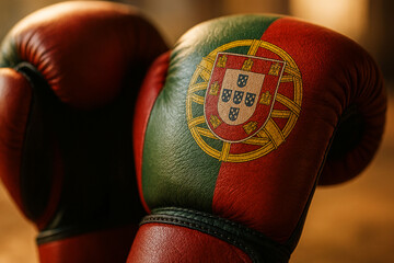Close-up of Portuguese Flag Boxing Gloves in Gym Lighting