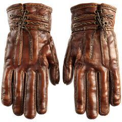 Brown leather gloves isolated on transparent background, detailed stitching and vintage style, perfect for fashion, winter, and luxury concepts.