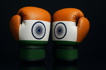 Modern Boxing Gloves with Indian Flag Design on Black Glass Surface