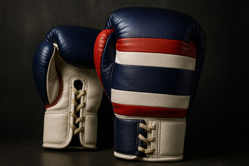 Professional Boxing Gloves with Thailand Flag Colors on Dark Concrete Background