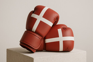 Matte Crimson Boxing Gloves with Danish Flag Design on Limestone Block