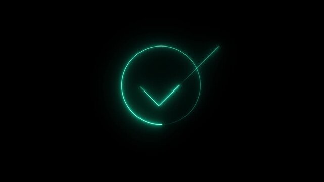Glowing light neon blue color check mark icon animation tick success done accept complete correct confirm finishing checkbox sign symbol on black background,4k motion video..