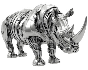 Metal rhino sculpture isolated on transparent background, mechanical animal design with industrial textures, perfect for art and technology concepts.