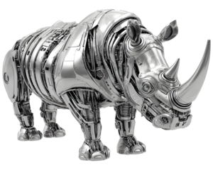 Metal rhino sculpture isolated on transparent background, mechanical animal design with industrial textures, perfect for art and technology concepts.