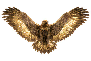 Golden eagle with wings spread, metallic sculpture isolated on transparent background, symbol of power, freedom, luxury, strength, and leadership.