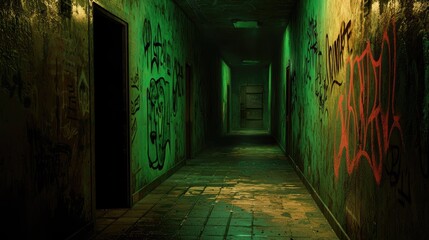 Obraz premium A dimly lit, graffiti-covered corridor in a decaying building.