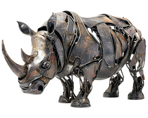 Metal rhino sculpture isolated on transparent background, mechanical animal design with industrial textures, perfect for art and technology concepts.