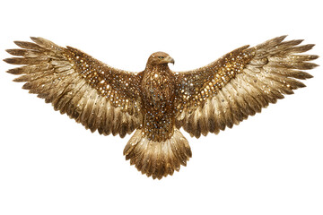 Golden eagle with wings spread, metallic sculpture isolated on transparent background, symbol of power, freedom, luxury, strength, and leadership.