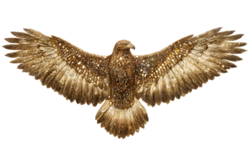 Golden eagle with wings spread, metallic sculpture isolated on transparent background, symbol of power, freedom, luxury, strength, and leadership.