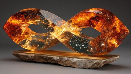 Infinity loop sculpture, glowing lava within glass