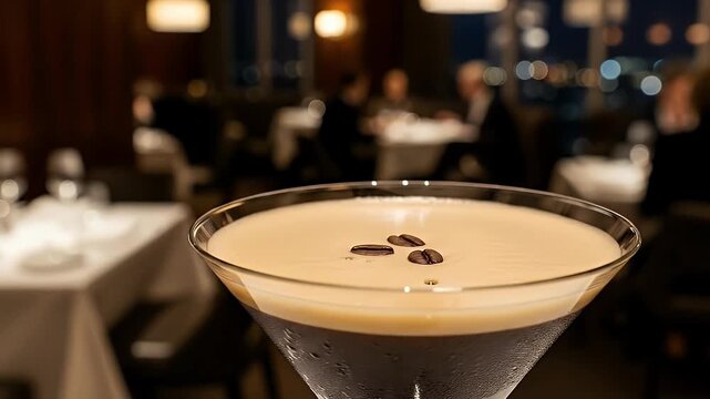 A sophisticated close-up shot focuses on an elegant coffee-based cocktail served in a classic martini glass, beautifully garnished with three aromatic coffee beans floating atop its creamy, frothy sur