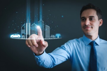 A businessman interacting with a futuristic cityscape digital illustration
