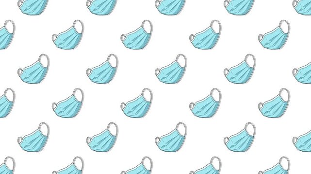 A clean, seamless looping animation of blue medical face masks floating diagonally across a white background. Minimalist 2D vector style representing healthcare, protection, and safety