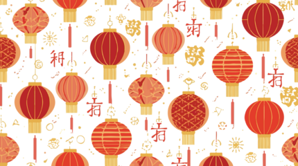  template featuring a seamless fabric motif pattern of traditional Chinese paper lanterns in vibrant red and gold colors, accompanied by golden coins