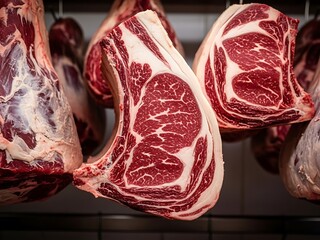 Close-up of Premium Aged British Beef Sides Hanging in a Traditional Butcher's Cold Room, Highlighting Quality and Craftsmanship