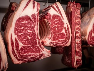 Close-up of Premium Aged British Beef Sides Hanging in a Traditional Butcher's Cold Room, Highlighting Quality and Craftsmanship