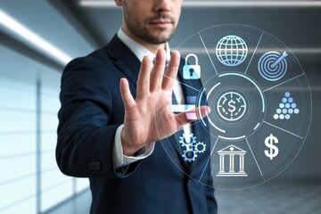 A businessman in a suit interacting with a digital interface of financial and security icons