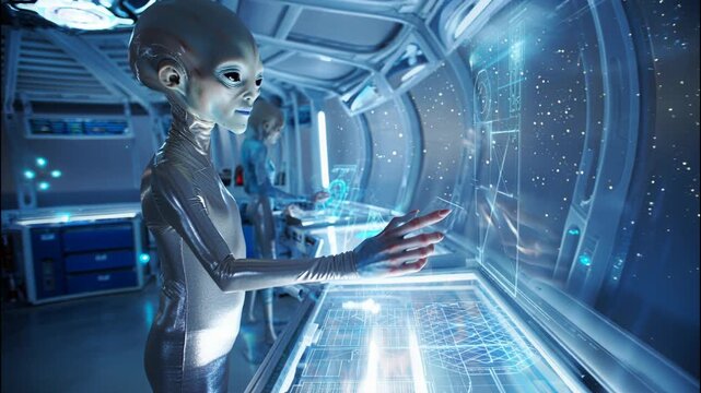 Extraterrestrial scientist inside a translucent spacecraft, holographic interfaces, advanced alien technology, soft glowing light, ultra-realistic sci-fi interiorExtraterrestrial scientist inside a tr