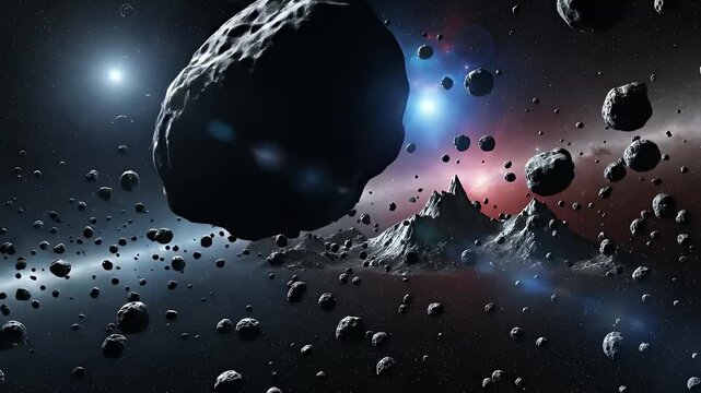 An immersive 3D animated journey through a dynamic and perilous asteroid field in the vastness of deep space. Countless rocky meteoroids and cosmic debris drift and tumble against a breathtaking backd