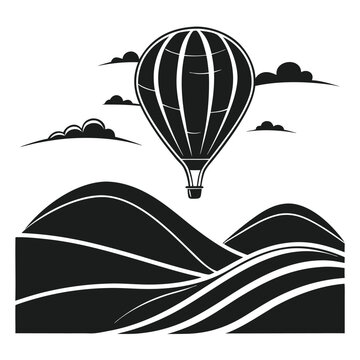 Hot air balloon over rolling hills with clouds airship