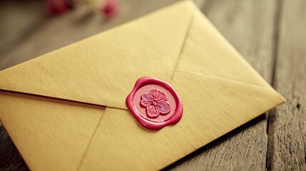Elegant Gold Envelope With Pink Wax Seal On Wooden Table