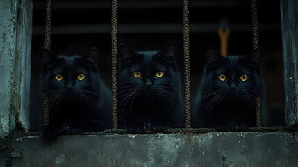 Three black cats with striking yellow eyes peering through rusty bars in an abandoned building