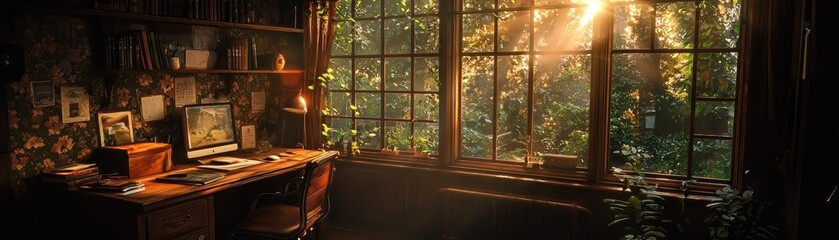 Fototapeta premium A sunlit study nook with antique wooden desk.