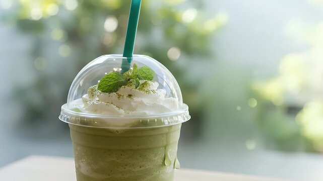 A vibrant green blended beverage is presented in a clear plastic cup with a dome lid and a prominent green straw. The drink, potentially a refreshing matcha tea frappe or a healthy green smoothie, is 
