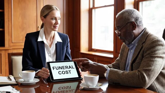 Businesswoman and elderly man discussing funeral cost on a tablet. Financial planning and end-of-life expenses consultation in a professional office setting