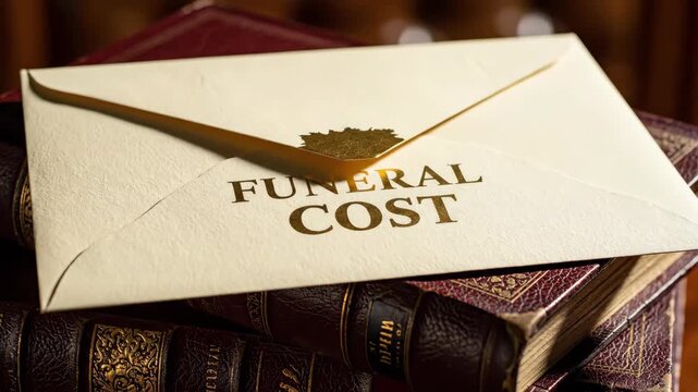 Funeral cost envelope on antique books. Financial burden and planning for end-of-life expenses. Death and grief concept