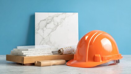 Orange helmet, marble tiles, and blueprint on light surface