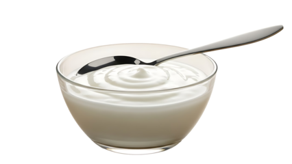 Creamy Yogurt in Glass Bowl with Spoon, Healthy Food Isolated on Transparent Background