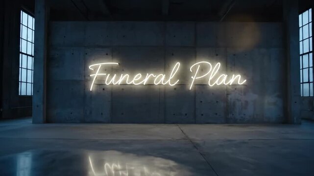 Neon sign "Funeral Plan" on concrete wall. Slow zoom in an empty industrial room. End-of-life planning concept