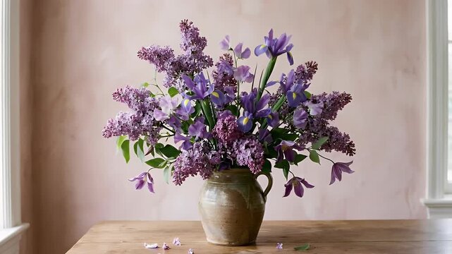 This enchanting video features a vibrant, lush floral arrangement showcasing an abundance of purple and lavender blooms, including delicate lilacs and striking irises, artfully placed in a rustic eart