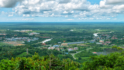 Fototapeta premium Regularly floods Padas River near Bisaya-Brunei settlements, river valley, rainforest and flooded meadows