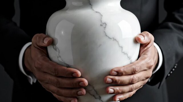 Person holding white marble cremation urn. Funeral and memorial concept. Solemn remembrance of loss