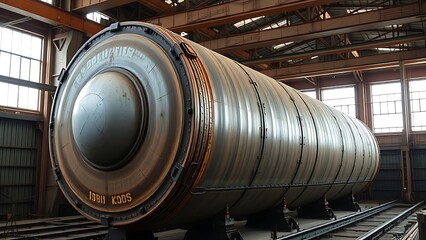 hydrologic. Massive steel caisson supported by jacks in an industrial dry dock setting. safety posters, maintenance manuals, designed for precision metalworking and fabrication facilities.