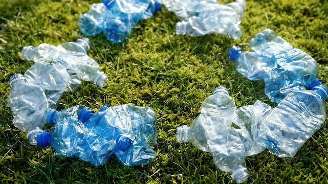 This video presents a powerful visual metaphor for environmental consciousness and the urgent need for sustainability. Several crumpled plastic bottles, featuring a mix of clear and vibrant blue hues,