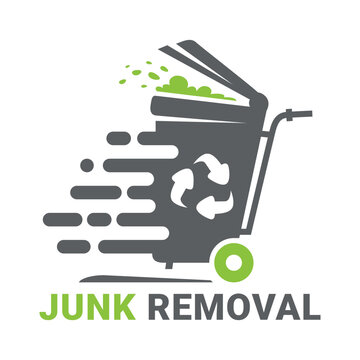 A logo template for a waste removal company featuring a trash bin and a cart. The icon illustrates the waste disposal and recycling process.