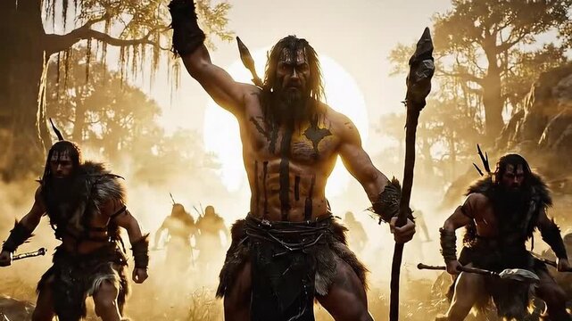 Primitive prehistoric warrior painted for battle leading his tribe at dawn, fierce leader symbolizing survival, strength and ancient culture

