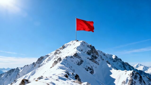 Red flag waving atop a snow-covered mountain peak under a clear blue sky - Powered by Adobe
