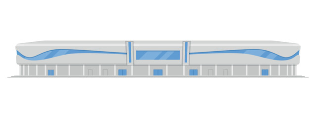 An illustration of the facade of a modern sports stadium, which features clean lines and a structured layout suitable for hosting a variety of sporting events.