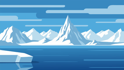 Stunning vector illustration of a vast icy landscape with snow-capped mountains reflected in the water, a serene polar scene