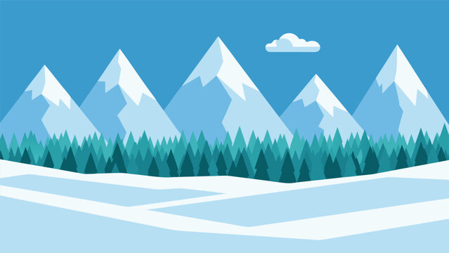 A vector illustration of a serene winter landscape with snow-capped mountains and pine trees under a clear blue sky with a single cloud