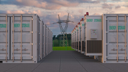Electricity storage facilities against the backdrop of high-voltage transmission lines