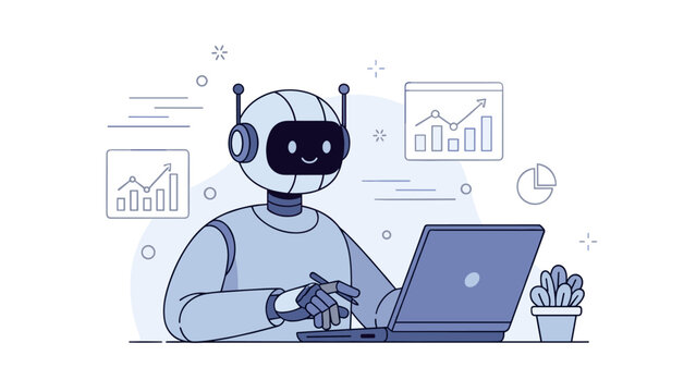 Smiling robot at laptop analyzing data charts in office setting