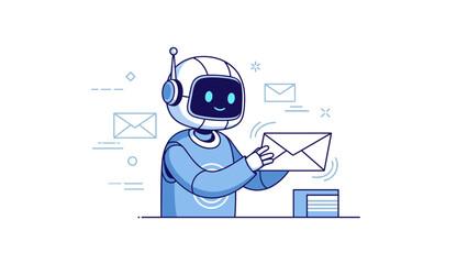 Friendly robot assisting with email delivery in futuristic setting